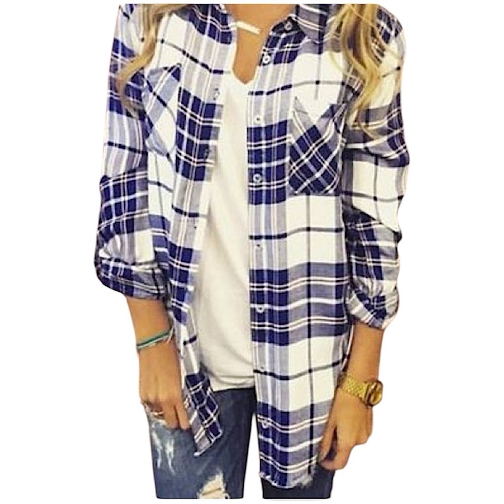 3/$20 Derek Heart Blue Plaid Button Down Rolled Tab Sleeve Retro Chic Streetwear